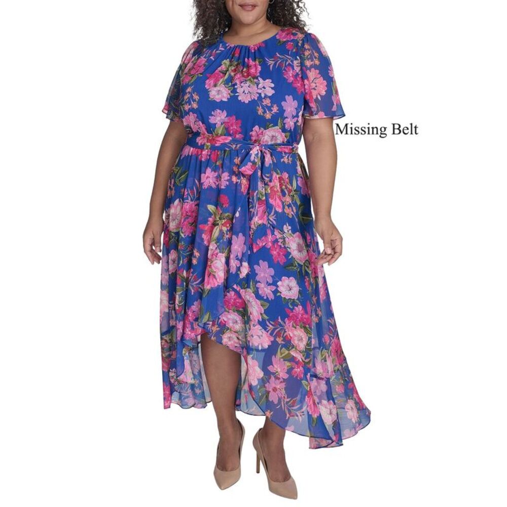 Jessica Howard Womens Plus Size Floral-Print Belted Dress 16W Cobalt - NWT $149